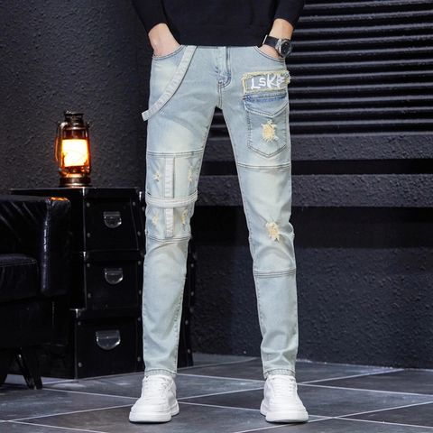 Herren Streetwear Slim Fit Patchwork Distressed Ripped Moto Jeans Baumwolle Gewaschen Mode Casual Denim Lange Hosen Hellblau