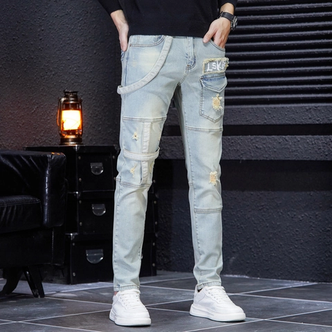 Herren Streetwear Slim Fit Patchwork Distressed Ripped Moto Jeans Baumwolle Gewaschen Mode Casual Denim Lange Hosen Hellblau