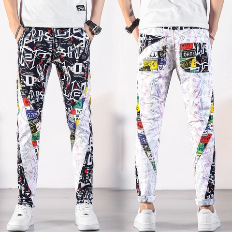 Herren Streetwear Slim Fit Graffiti Druck Denim Jeans Koreanische Trendy Skinny Stretch Baumwollmischung Casual Lange Hose