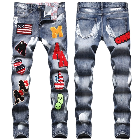 Herren Streetwear Patchwork Jeans Mit Chenille-Stickerei Distressed Slim Fit Stretch Denim Hose Blau Farbspritzer Jeans