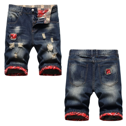 Men's Vintage Distressed Denim Shorts With Red Floral Patchwork Ripped Knee Length Washed Jeans Shorts Streetwear Fashion Bottoms