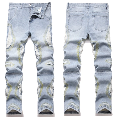 Jeans Slim Straight Trendy Men American Street Pantaloni in Denim Ricamati Distressed Ripped Cotone Lavato Blu Chiaro