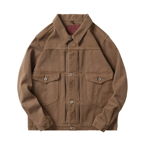 Chaqueta de Trabajo Vintage Americana para Hombre Lona de Algodón Marrón Botonadura Sencilla Multibolsillo Casual Solapa Abrigo