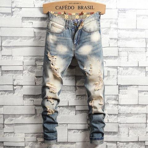 Ανδρικά Vintage Ξεθωριασμένα Σκισμένα Τζιν Slim Straight Fit American High Street Καταπονημένο Μείγμα Βαμβακιού Τζιν Παντελόνι