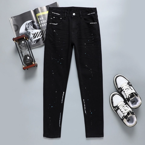 Herren Schwarz Farbspritzer Slim Fit Jeans Streetwear Baumwollmischung Denim Hose Mit Kontrastnähten Lässige Lange Hose