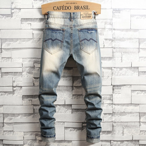 Ανδρικά Vintage Ξεθωριασμένα Σκισμένα Τζιν Slim Straight Fit American High Street Καταπονημένο Μείγμα Βαμβακιού Τζιν Παντελόνι