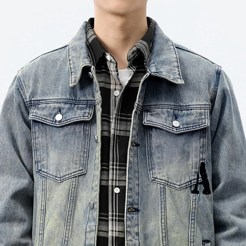 Chaqueta de Mezclilla Retro para Hombre Lavada Mezcla de Algodón Ajuste Holgado Streetwear Ropa de Abrigo Con Letras Bordadas Manga Larga Abrigo