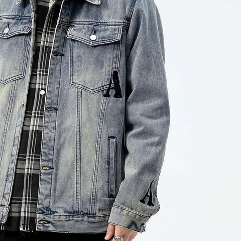 Chaqueta de Mezclilla Retro para Hombre Lavada Mezcla de Algodón Ajuste Holgado Streetwear Ropa de Abrigo Con Letras Bordadas Manga Larga Abrigo
