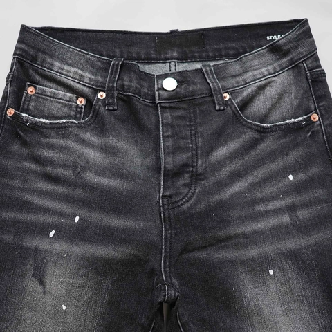High Street Men Washed Black Flare Jeans With Paint Splash Distressed Ripped Details Cotton Denim Flared Trousers