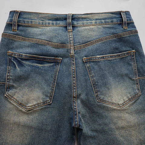 Pantaloni Jeans da Uomo High Street Vintage Blu Lavato Ricamati a Zampa Denim Distressed Ripped Vita Alta