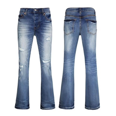 Men Distressed Flare Jeans Cotton Stretch Denim Ripped Blue Washed High Street Retro Slim Fit Bootcut Pants Streetwear