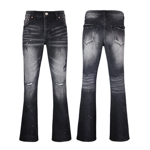 High Street Men Washed Black Flare Jeans With Paint Splash Distressed Ripped Details Cotton Denim Flared Trousers