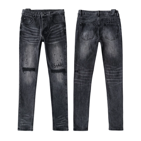 Pantaloni Jeans Strappati da Uomo in Denim Lavato Slim Fit Gamba Dritta con Ricamo Croce Grafica High Street Vintage Streetwear