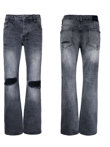 Jean Évasé en Denim Délavé pour Hommes en Coton Distressed Coupe Slim Bootcut Pantalon Style Vintage High Street