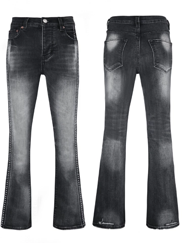 Men High Street Vibe Washed Black Flare Jeans Cotton Blend Distressed Hem Rhinestone Side Trim Denim Pants For Streetwear