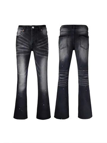 Pantaloni Jeans a Zampa da Uomo High Street Distressed Lavati in Denim di Cotone Con Schizzi di Vernice Retro Slim Fit Nero