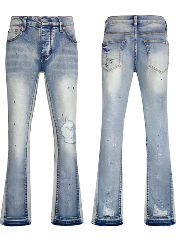Herren Gewaschene Blaue Ausgestellte Jeans Zerrissen Farbspritzer Bestickt Workwear Style Streetwear Ausgestellte Cargo Hose