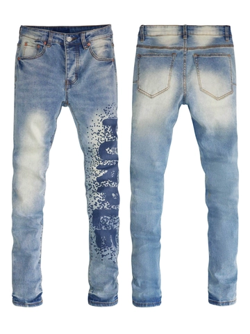Jean Homme Style Urbain Coupe Ajustée Bleu Clair Délavé Effet Usé avec Imprimé Éclaboussures et Lettres Pantalon Crayon Décontracté