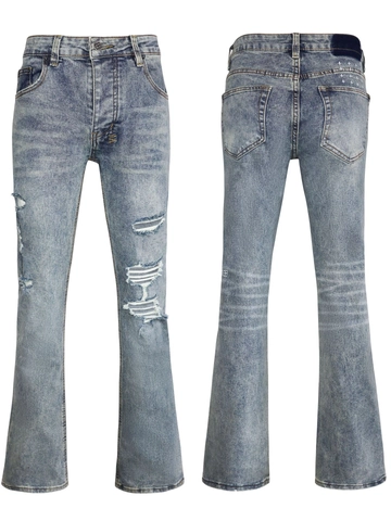 Herren Retro Washed Blue Zerrissene Flare Jeans American Streetwear Kreuz Stickerei Baumwolle Denim Wide Leg Hosen Casual Pants