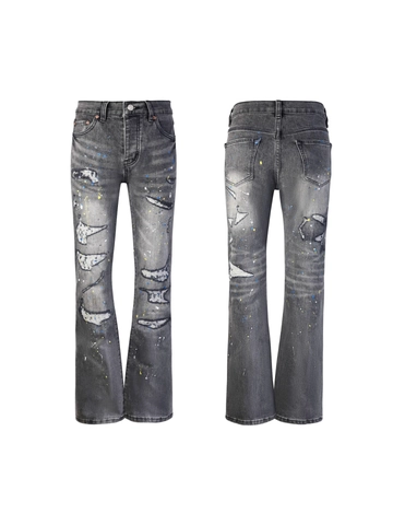 Pantaloni Denim da Uomo Streetwear Jeans a Zampa Strappati Distressed Ricamati con Schizzi di Vernice Grigio Scuro