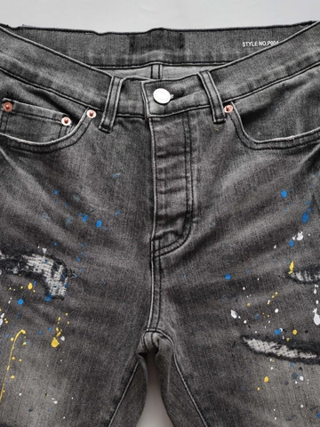 Pantaloni Denim da Uomo Streetwear Jeans a Zampa Strappati Distressed Ricamati con Schizzi di Vernice Grigio Scuro