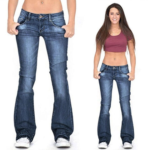 Damen Slim Fit Hohe Taille Gewaschen Denim Schlaghose Lässige Stretch Lange Jeans
