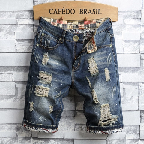 Herren Vintage Rissige Denim-Shorts Distressed Baumwolle Five-Pocket Jeansshorts Mit Patchwork-Futter Streetwear Casual Sommerhosen