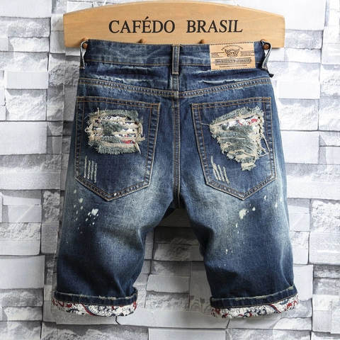 Herren Vintage Rissige Denim-Shorts Distressed Baumwolle Five-Pocket Jeansshorts Mit Patchwork-Futter Streetwear Casual Sommerhosen
