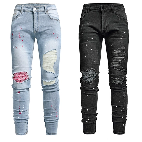 Herren Ripped Slim Fit Jeans Mit Paisley Patchwork Distressed Denim Hose Mit Farbspritzer Design Und Knöchelreißverschluss