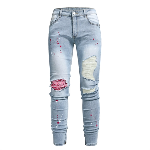 Herren Ripped Slim Fit Jeans Mit Paisley Patchwork Distressed Denim Hose Mit Farbspritzer Design Und Knöchelreißverschluss