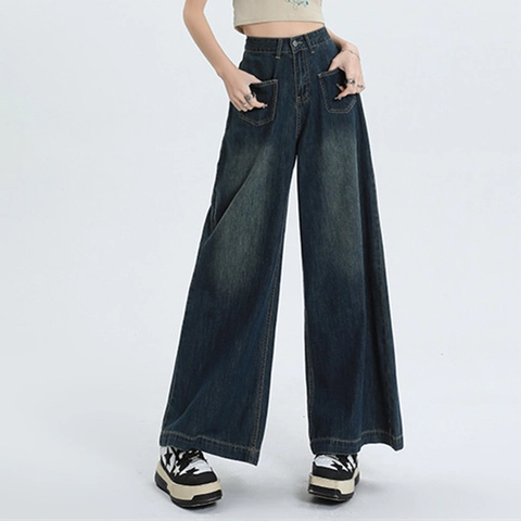 Dames High Waist Wide Leg Jeans Vintage Washed Denim Broek Met Opgestikte Zakken Casual Loose Streetwear Broek Voor Dames