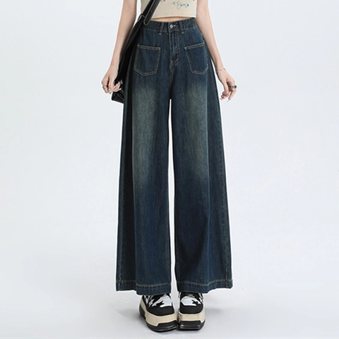 Dames High Waist Wide Leg Jeans Vintage Washed Denim Broek Met Opgestikte Zakken Casual Loose Streetwear Broek Voor Dames
