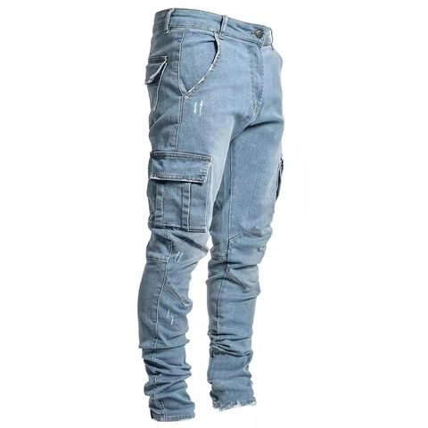 Ανδρικά Skinny Cargo Jeans Με Πολλές Τσέπες Στοίβαγμα Denim Παντελόνι Streetwear Slim Fit Βαμβακερό Casual