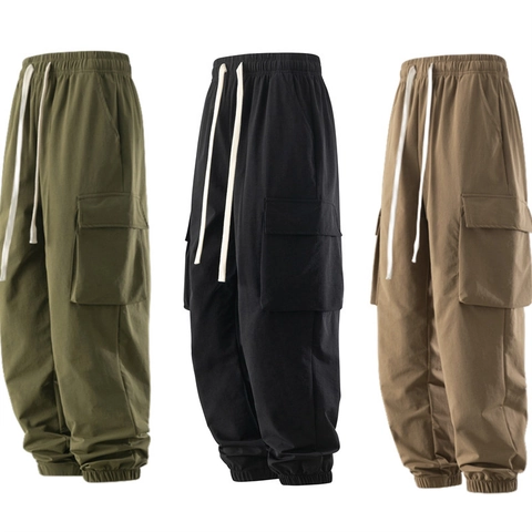 Men Cargo Jogger Pants Cotton Blend Multi Pocket Drawstring Elastic Waist Casual Streetwear Solid Color Tapered Trousers