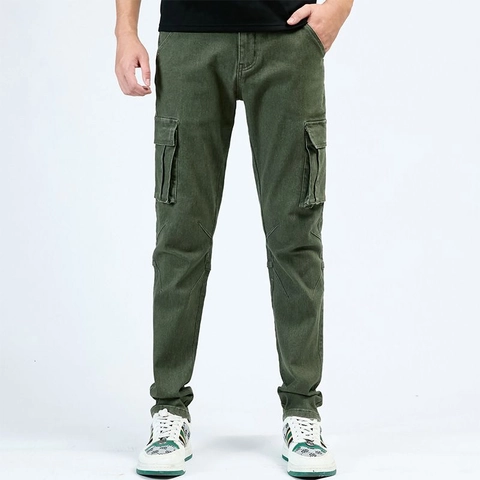 Men's Casual Denim Cargo Pants Slim Straight Fit Stretch Multi Pocket Long Trousers Spring Fashion Workwear