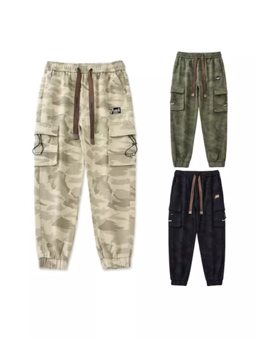 Men Camouflage Cargo Pants Cotton Blend Multi Pocket Jogger Drawstring Waist Ribbed Cuffs Hip Hop Streetwear Trousers