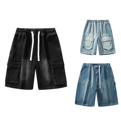 Pantalones Cortos de Mezclilla Cargo para Hombre Ajuste Relajado Cintura Elástica Cordón Lavados Carpenter Shorts con Múltiples Bolsillos Rétro