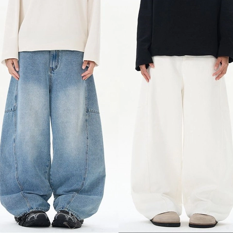 Herren American Streetwear Lockere Weite Denim Jeans Baumwolle Patchwork Washed Straight Retro Blau Weiß Oversized Hose