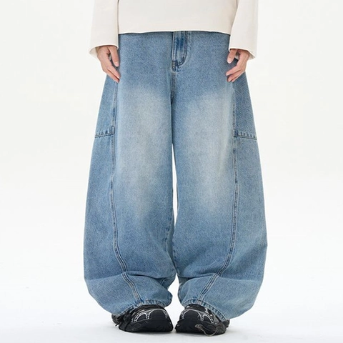 Herren American Streetwear Lockere Weite Denim Jeans Baumwolle Patchwork Washed Straight Retro Blau Weiß Oversized Hose