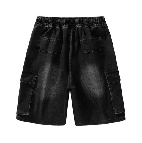 Pantalones Cortos de Mezclilla Cargo para Hombre Ajuste Relajado Cintura Elástica Cordón Lavados Carpenter Shorts con Múltiples Bolsillos Rétro