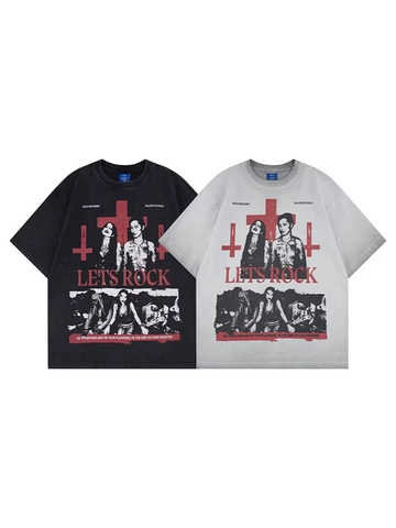 Maglietta in Cotone Lavato Vintage Oversized Distressed Con Grafica Manica Corta per Uomo Streetwear Rock Style