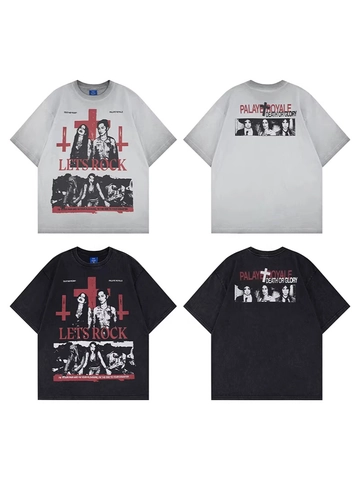 Maglietta in Cotone Lavato Vintage Oversized Distressed Con Grafica Manica Corta per Uomo Streetwear Rock Style