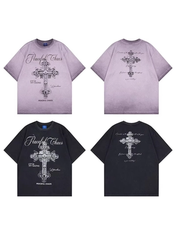 Camiseta con Estampado de Cruz Gótica American Street Style Hombre Mujer Oversized Retro Algodón Lavado Manga Corta Streetwear