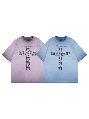 Maglietta da Uomo in Cotone Lavato Retro American Streetwear Girocollo Larga Manica Corta Top Con Stampa Grafica Croce Ritratto