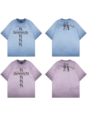 Maglietta da Uomo in Cotone Lavato Retro American Streetwear Girocollo Larga Manica Corta Top Con Stampa Grafica Croce Ritratto