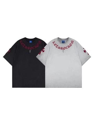 Vintage Gewaschene Baumwolle Kurzarm T-Shirt Gotische Buchstaben Bestickt Kreuz Patch Locker Unisex Street Casual Tee Top
