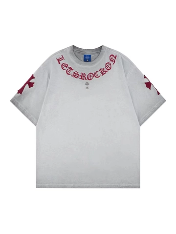 Vintage Gewaschene Baumwolle Kurzarm T-Shirt Gotische Buchstaben Bestickt Kreuz Patch Locker Unisex Street Casual Tee Top