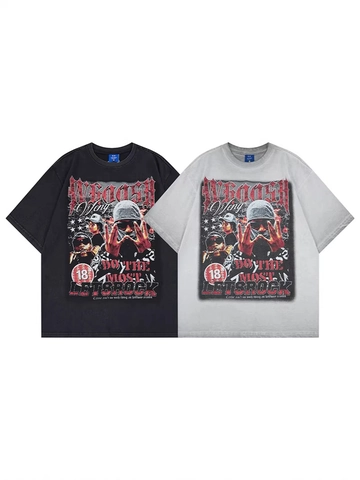 Men Vintage Streetwear T-Shirt Washed Heavy Cotton Rhinestone Portrait Print Oversized Drop Shoulder Hip Hop Top