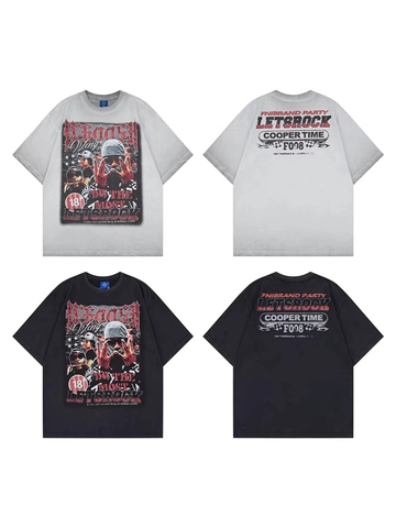 Men Vintage Streetwear T-Shirt Washed Heavy Cotton Rhinestone Portrait Print Oversized Drop Shoulder Hip Hop Top