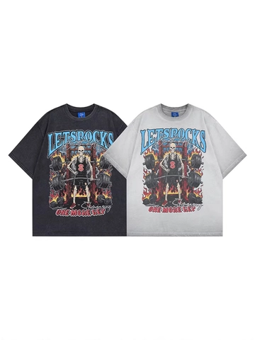 Camiseta de Hombre American Vintage Streetwear Algodón Pesado Estampa Calavera con Strass Lavado al Ácido Ajuste Holgado